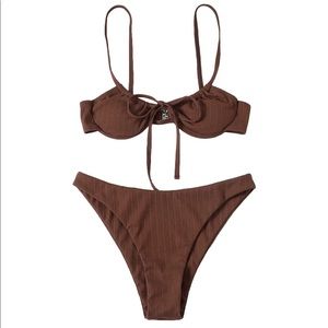 SOLY HUX Strap Tie Front Bikini Bathing Suit 2 Piece Swimsuit Coffee Brown Small